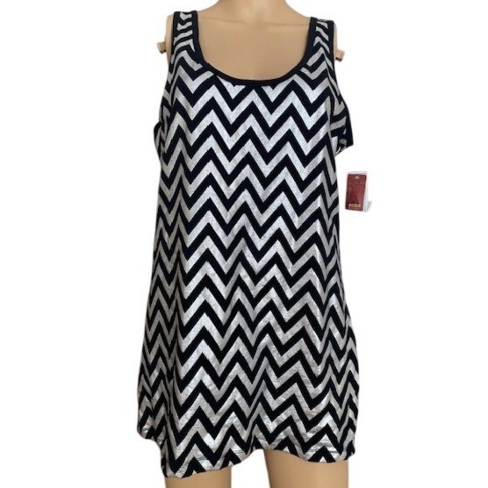 Women's 2XL Top Shirt Tank Metallic Silver Black Chevron City Indie Sleeze New
